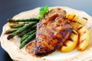 Peach Bourbon Chicken with Garlic Asparagus Spears