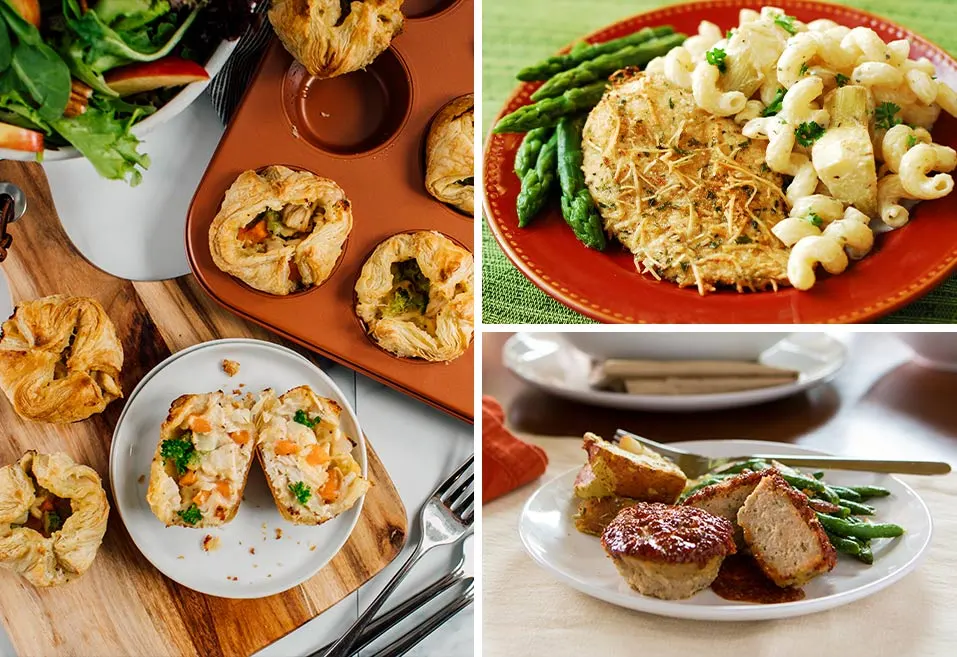 Mini Cheesy Broccoli and Chicken Pot Pies, Chicken Pasta Lemon Artichoke and Mini Turkey Meatloves