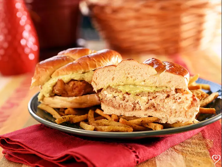 Cheese Stuffed Turkey Burgers on Pretzel Buns with Fries