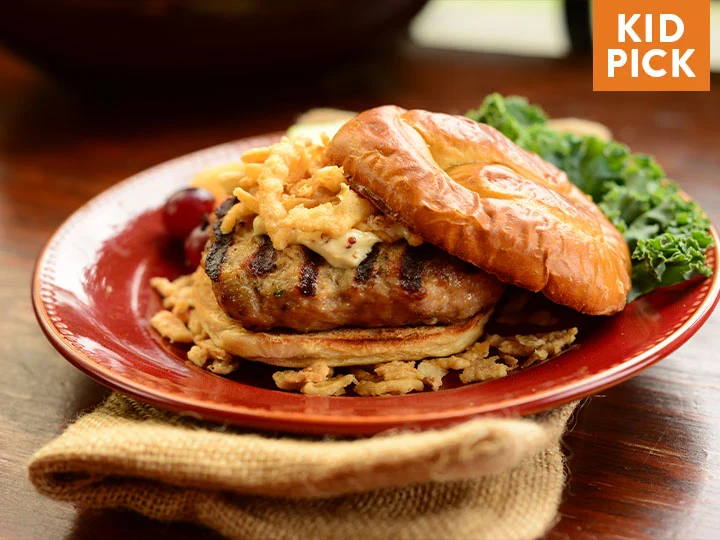 French Onion Turkey Burgers with Sweet Potato Puffs
