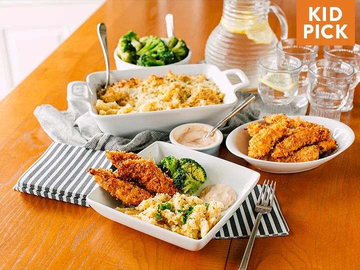Crunchy Oven Fried Chicken Tenders with Cheesy Stovetop Cauliflower